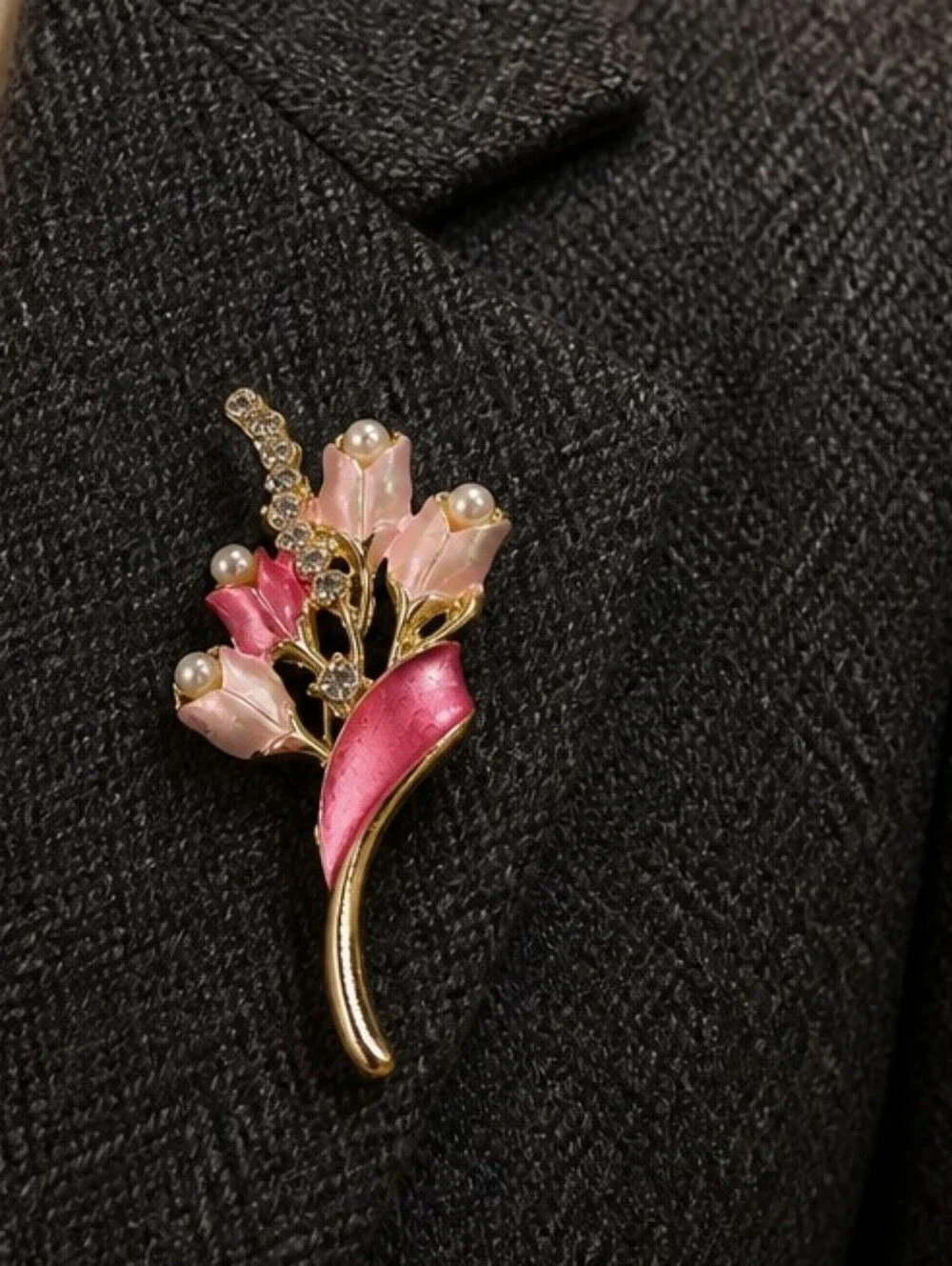 Pink Tulip Bouquet Brooch Pearl Crystal Gold Floral Coquette Pin Garden Chic
